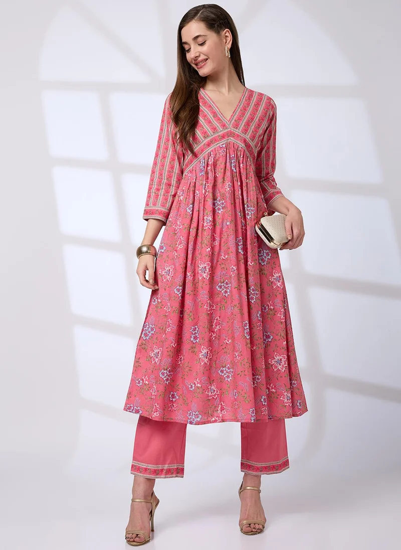 globus Globus Women V-Neck Floral Print Pleated Alia Cut A-Line Kurta With Pants Workwear Set
